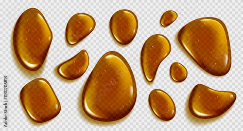 Brown serum drops set isolated on transparent background. Vector realistic illustration of oil or honey, abstract yellow liquid droplets with bubbles, skin or hair care cosmetics, food product sample