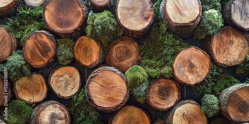 A textured wall of thick wooden logs adorned with moss, the wooden logs create a rustic charm, showcasing the beauty of nature. This wooden logs wall highlights the richness of organic textures. photo