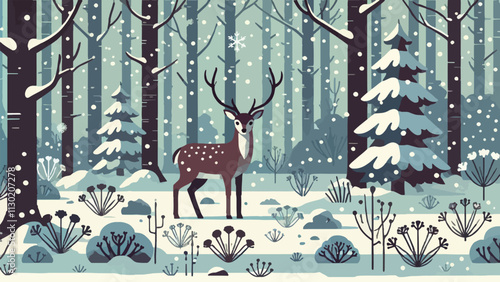  Scenes of deer in wintery forests, adapted to survive the cold season