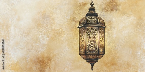 A stunning Arabic greeting card showcasing exquisite Arabic calligraphy that conveys wishes of Ramadan Kareem, beautifully complemented by a vintage lantern design. Perfect for celebrating Ramadan. photo