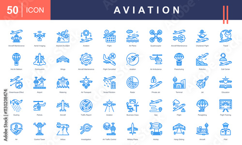  Aviation icon set with aircraft maintenance, aerial Imaging, airplane accident, flight and education.