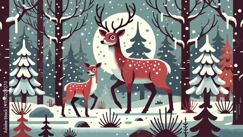  Scenes of deer in wintery forests, adapted to survive the cold season
