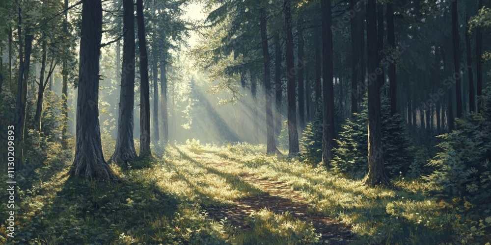 Obraz premium Clear morning in the woods featuring a beautiful spruce and pine tree forest. The spruce and pine trees create enchanting trunks and deep shadows illuminated by sun rays.