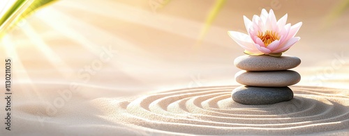 Spa Serene stones and lotus flower in harmony ,zen balance with stone and sand in a peaceful zen garden showing true zen harmony ,Mindful Garden Aesthetic ,Minimal Zen Peace