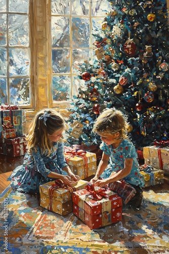 Portrait of kids happily opening presents under the Christmas tree. The room is filled with excitement and colorful wrapping paper