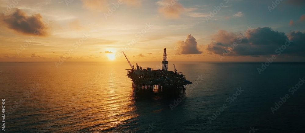 Obraz premium Offshore Oil Rig at Sunset: A Majestic Silhouette