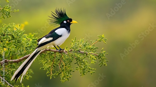 A black-and-white bird with a long tail and green crest perches on a branch. photo