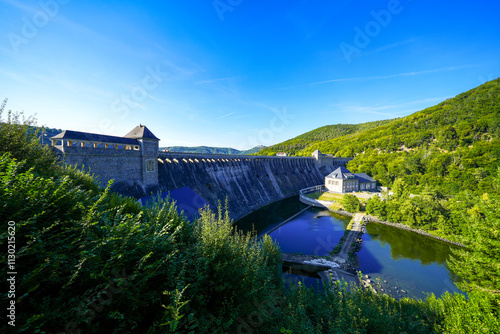 View of the dam wall at Edersee. Eder Dam in Edertal.
 photo