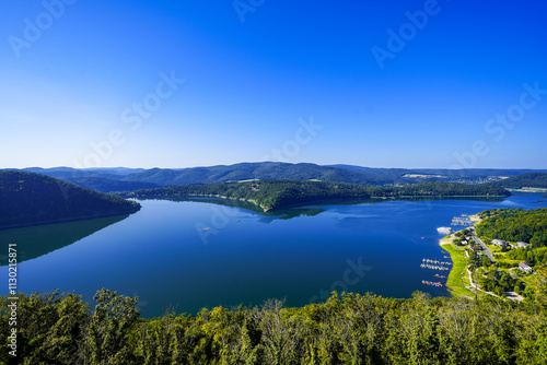 View of the Edersee and the surrounding nature at the lake. Landscape in the Edertal. photo