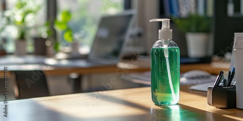 Using alcohol gel for hand sanitation in the workplace. The green sanitizer gel sits prominently on the work desk, promoting hygiene and cleanliness in a professional environment.