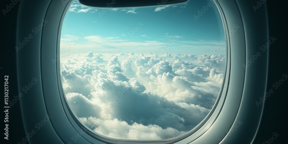 Fototapeta premium Clouds and sky are beautifully captured through the window of an aircraft, showcasing the enchanting view of clouds and sky despite slightly poor lighting conditions.