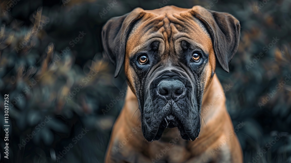 Obraz premium A close up of a brown Bullmastiff dog with captivating eyes against a dark background, cute wallpaper photography for dog lovers