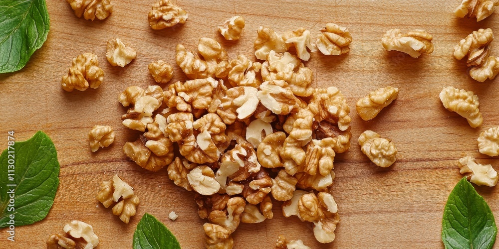 Fototapeta premium Peeled walnut kernels arranged on a cutting board, showcasing their rich texture and color. This top view highlights the unique characteristics of the peeled walnut kernels beautifully.