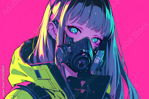 A vibrant, stylized portrait of a girl in a gas mask against a bright pink background. photo