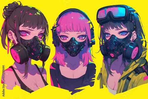 Three stylized characters wearing gas masks against a vibrant yellow background. photo