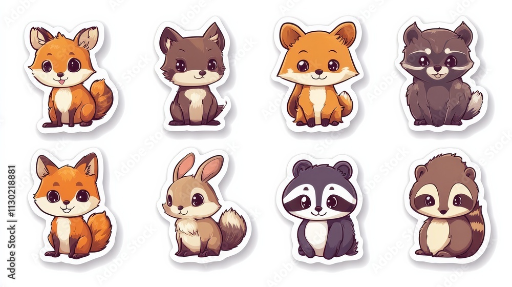 Fototapeta premium Cartoon Forest Friends: A collection of adorable cartoon animals, including foxes, a rabbit, and raccoons, stickers, set against a soft, welcoming backdrop. Designed to evoke warmth and whimsy.