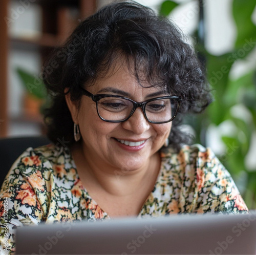 50 year old Latina lady talking on laptop, humble, happy, smiling in the background of her living room, humble, poor photo