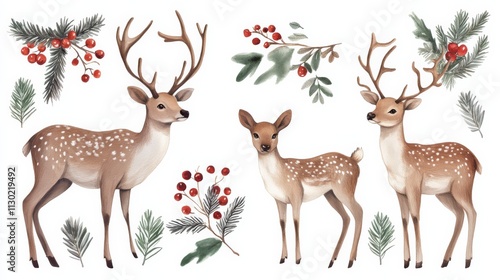 Festive Watercolor Deer Collection:  A charming set of three watercolor deer with intricate details, perfect for adding a touch of winter magic to your designs.