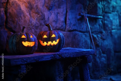 Halloween pumpkins on bench in dark room photo