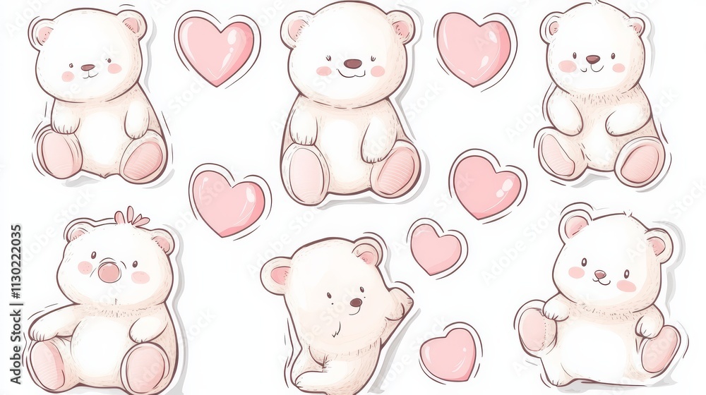 Obraz premium Adorable Polar Bear Cubs with Hearts: Six charming illustrations of cute polar bear cubs, surrounded by hearts, perfect for children's products, Valentine's Day designs.