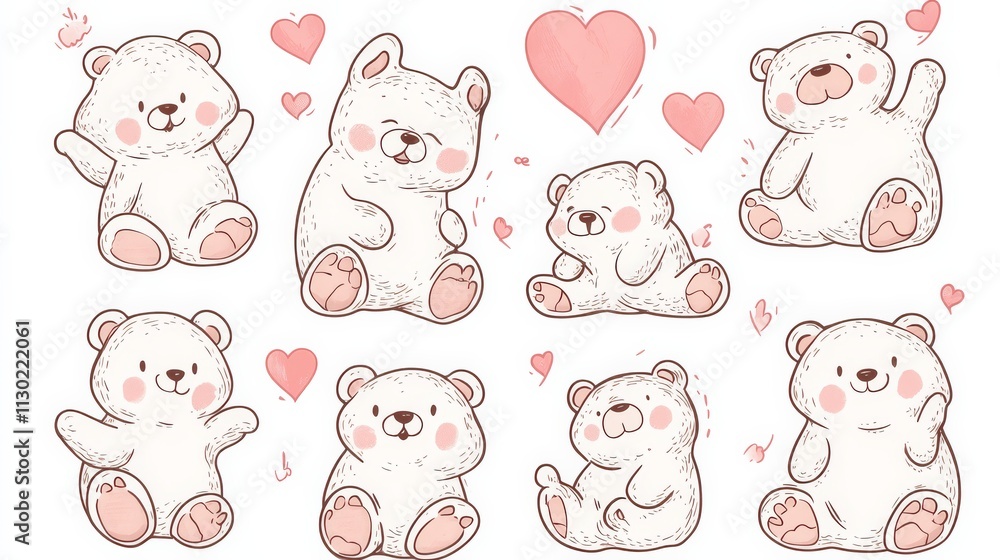 Fototapeta premium Adorable Polar Bear Cubs in Love: A collection of charming illustrations featuring eight cute polar bear cubs in various playful poses, surrounded by hearts. Perfect for Valentine's Day.