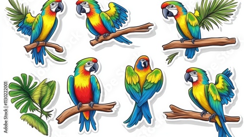 Colorful Macaw Stickers: A tropical paradise in a set of 6 vibrant macaw stickers, each with unique poses and details. perfect for tropical themed projects, kids crafts. photo