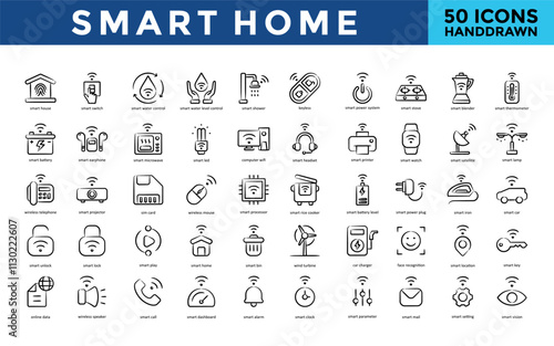 Smart Home icons set with smart house, smart switch, smart water control, smart water level control, smart shower, keyless, smart power system, smart stove icon. Simple handdrawn vector 
