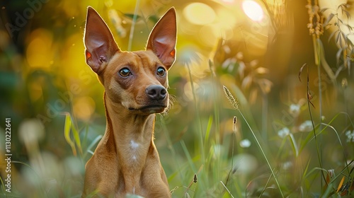 Brown dog with large ears sitting gracefully in a sunlit grassy field, cute wallpaper photography for dog lovers photo