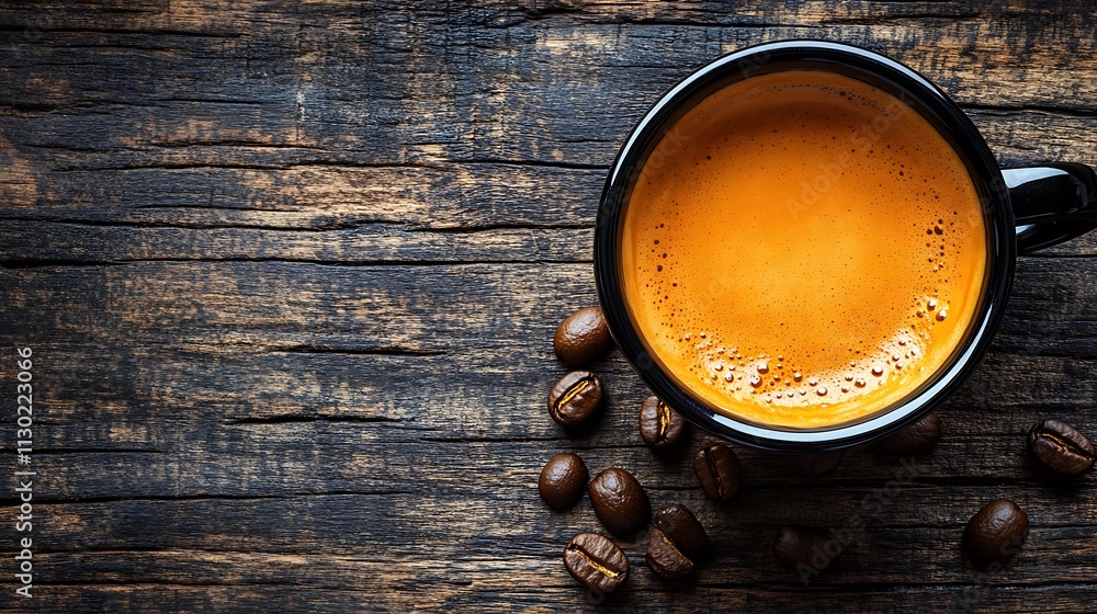 Aromatic Espresso Coffee in Black Cup on Wood Aromatic Espresso Coffee in Black Cup on Wood