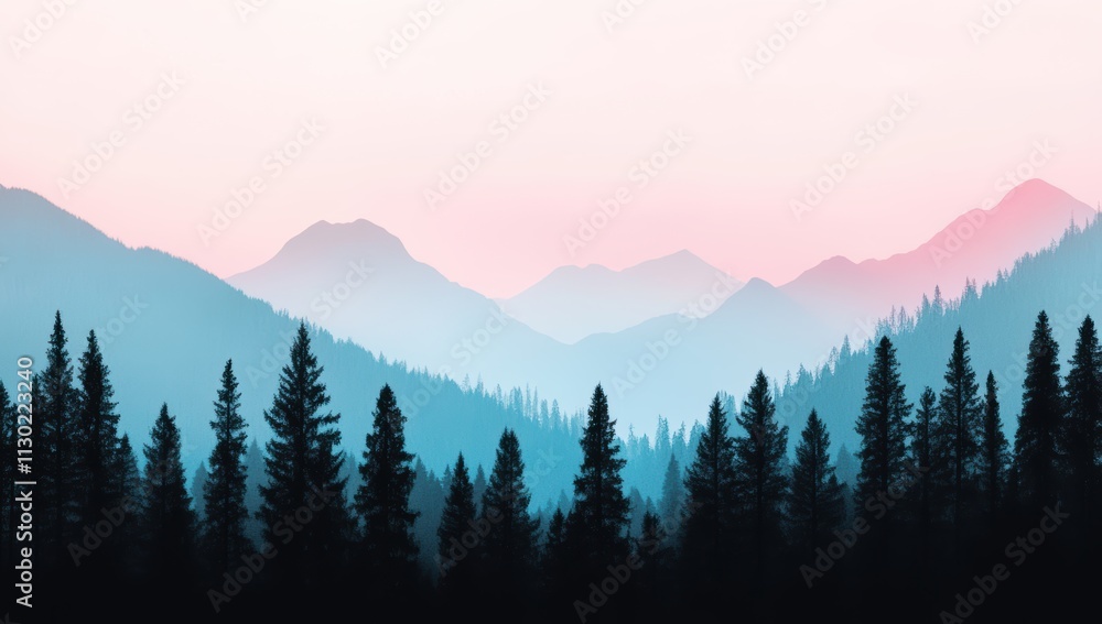 Naklejka premium 美しい朝の霧で包まれた山々と森林の風景