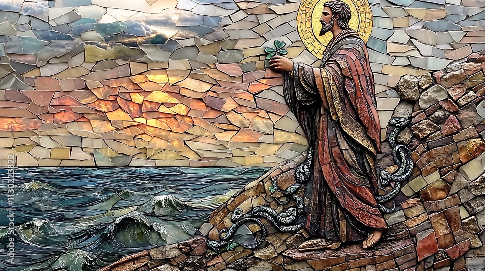 Naklejka premium Saint Patrick in a mosaic artwork, standing on a cliff as snakes flee into the ocean, shamrock raised in his hand, deep green and gold hues in the tiles, Celtic knot patterns filling the background,