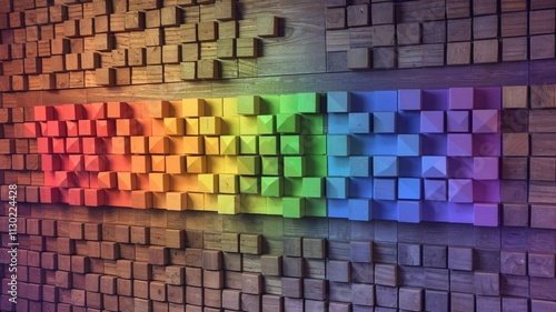 A long, textured wood wallpaper with an abstract geometric rainbow colors design.