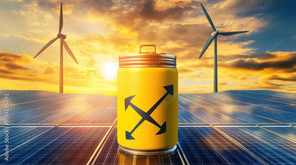 © shobakhul - Yellow Energy Storage Container With Wind Turbines And Solar Panels
