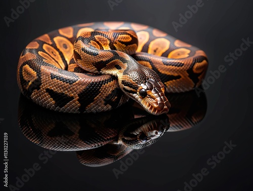 Elegant Ball Python on Black Glass: Perfect for reptile websites, pet blogs, or animal documentaries needing a captivating image of a snake resting gracefully photo