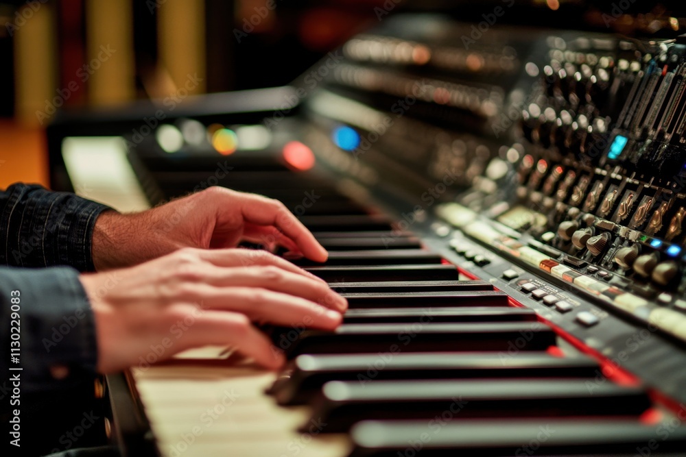 Obraz premium Closeup of a musician’s hands playing a piano in a studio setting captured in detail with emotional expression and artistic flair for music lovers and enthusiasts
