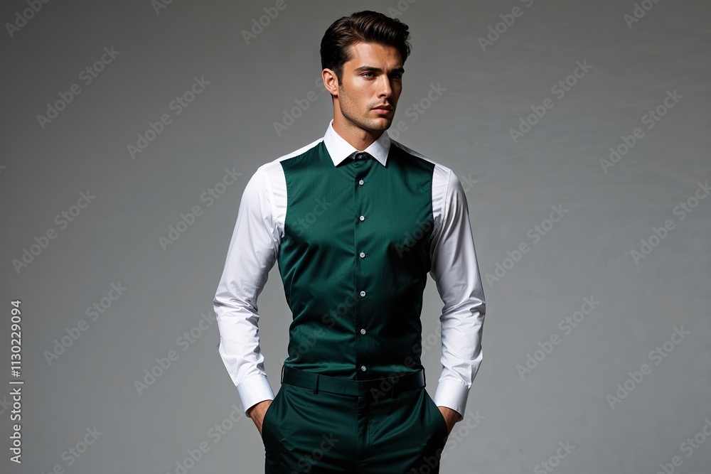 Fototapeta premium Dark Green Slim Fit Dress Shirt for Men Ideal for Elegant Formal Attire