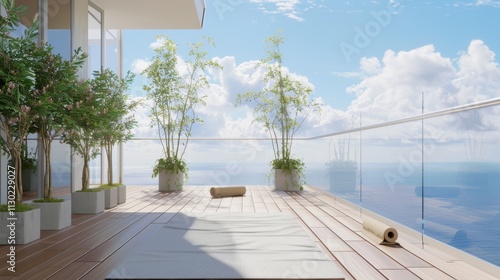 Ultra detailed balcony with an ocean view, equipped with a hammock photo