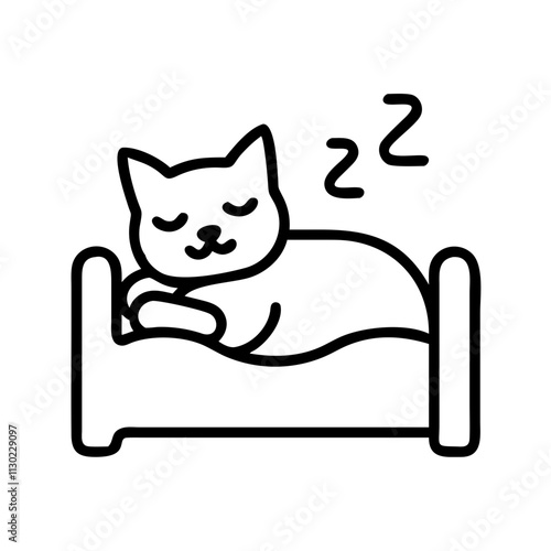 cat sleeping in bed icon, pet day line art, pet day icon - simple black line art icon of cat sleeping in bed, for pet day celebrations pet day vector art 