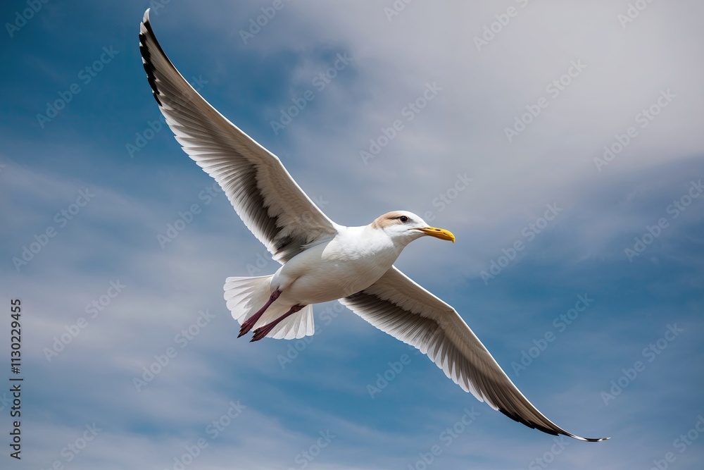 Obraz premium Graceful Seagull Flying in Bright Blue Sky