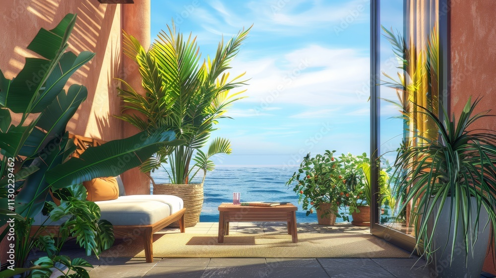 Fototapeta premium Ultra detailed balcony with an ocean view, equipped with a hammock