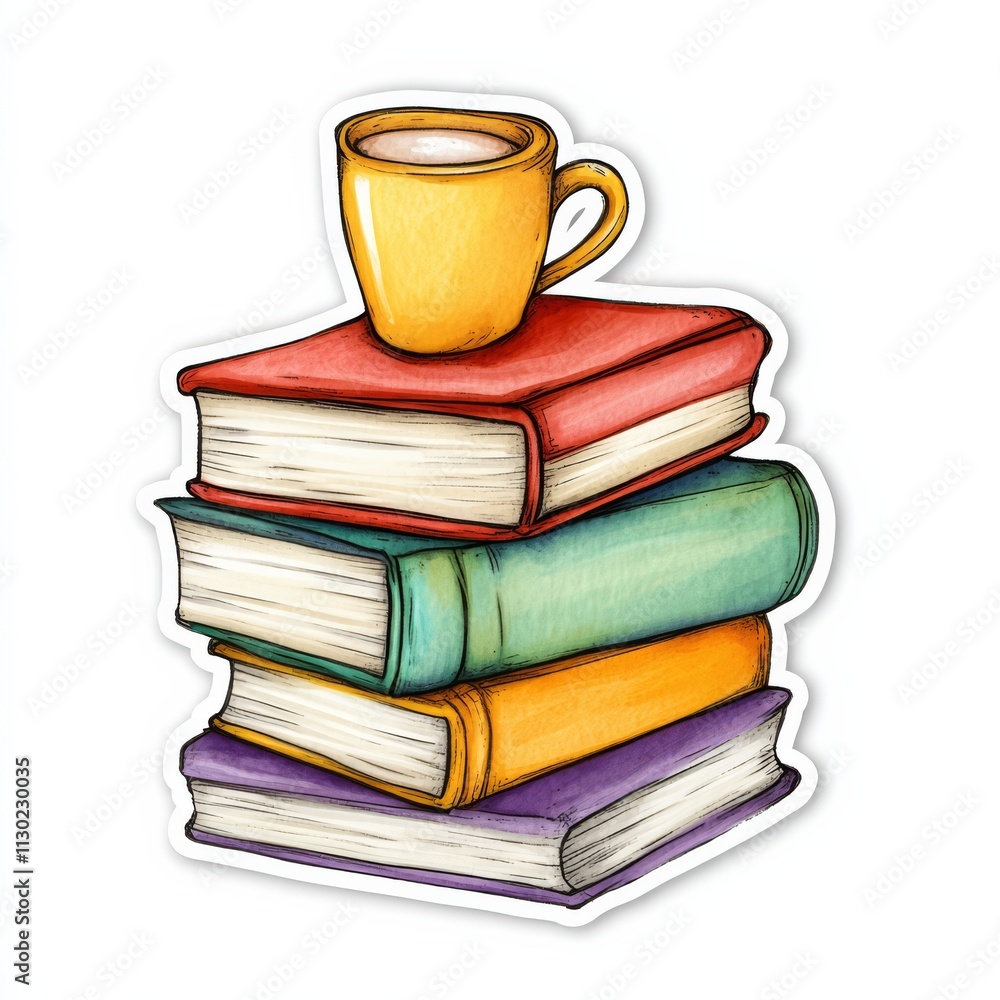 Naklejka premium Cozy Reading Nook: A stack of colorful, well-worn books, with a steaming cup of coffee resting on top, evokes a sense of comfort and relaxation. 