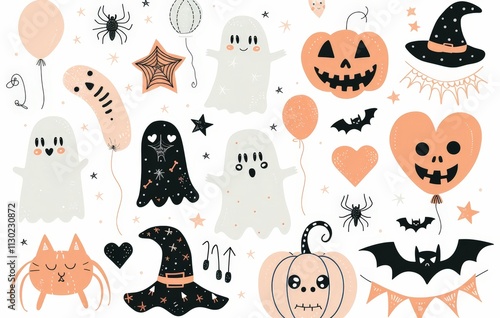 Cute Halloween Illustration with Ghosts, Pumpkins and Bats photo