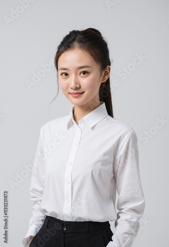 beautiful asian girl wearning white shirt with tied hair on white backround . ai generate  photo