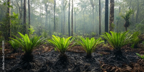 Cycads are resilient plants with tubers in the ground, showcasing their strength after forest fires. Following the dry season, these cycads emerge from ashes as the mixed deciduous forest begins to photo