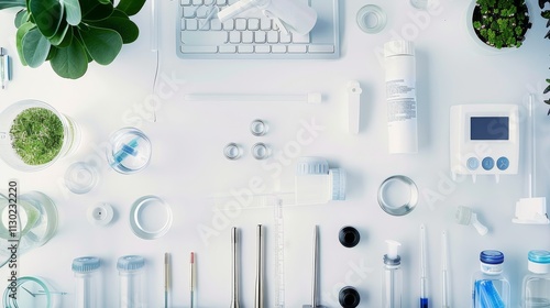 A contemporary minimalist biophysics research lab, with a stark white background and minimal biophysical analysis tools, Modern minimalist style photo