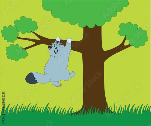 cute wild cat manul tries to hold on to a tree branch with both paws, the cat's lower paws are hanging funny in the air