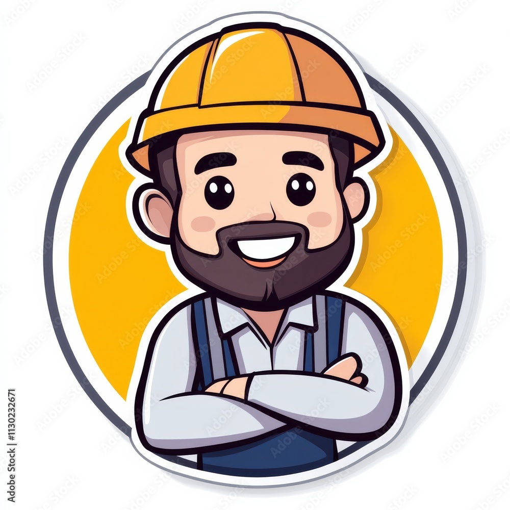 Fototapeta premium Construction Worker Cartoon: A cheerful cartoon construction worker with a beard, wearing a yellow hard hat and blue overalls, smiles with crossed arms in a friendly and approachable illustration. 