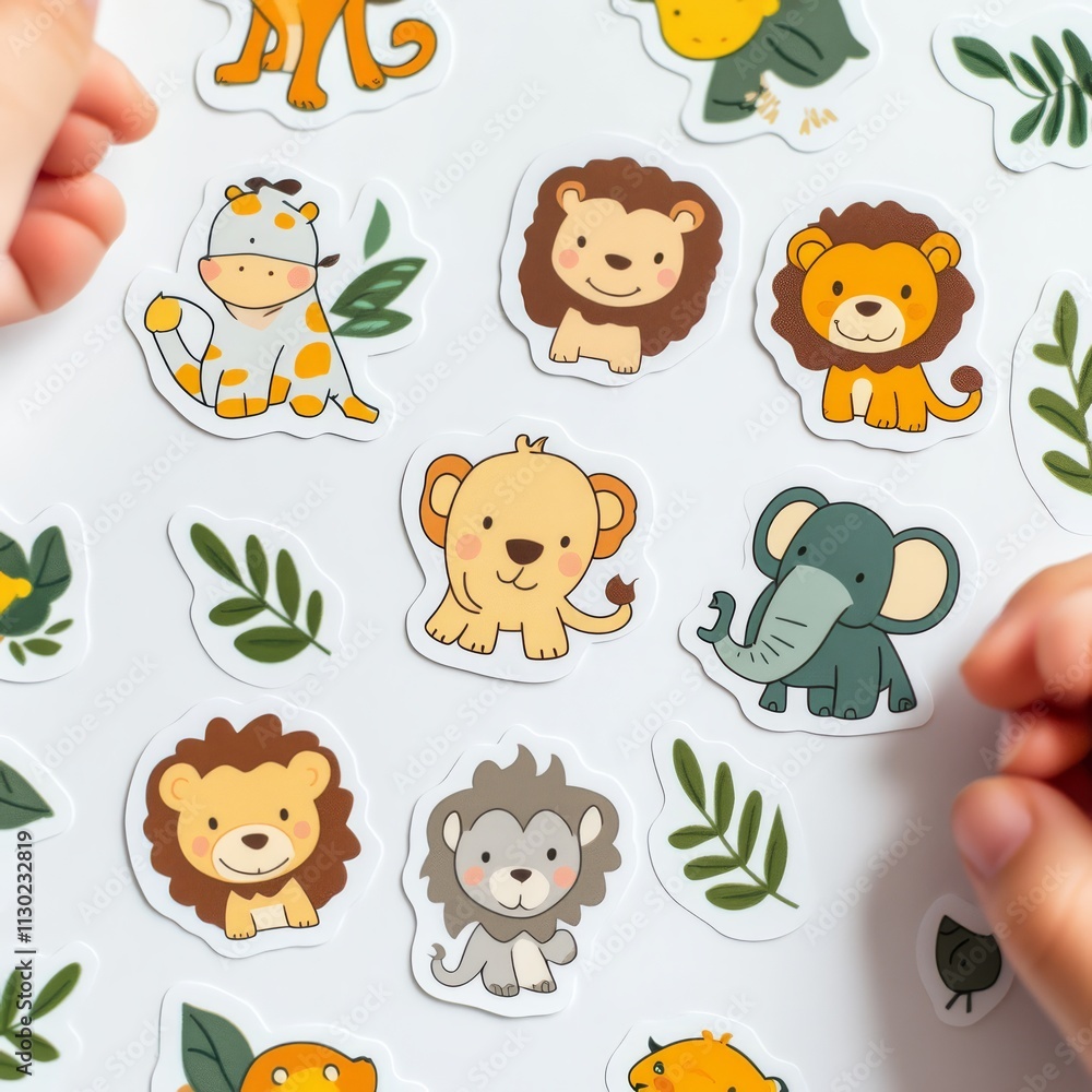 Obraz premium Safari Adventure Stickers: Little hands reach for colorful, cheerful safari animal stickers, perfect for imaginative play and creative projects. 
