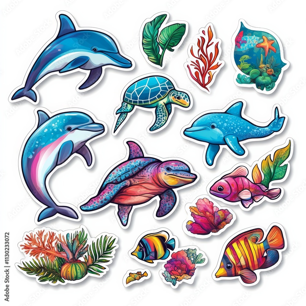 Obraz premium Ocean Life Stickers: A vibrant collection of colorful ocean stickers featuring playful dolphins, a wise sea turtle, tropical fish, and underwater plants.
