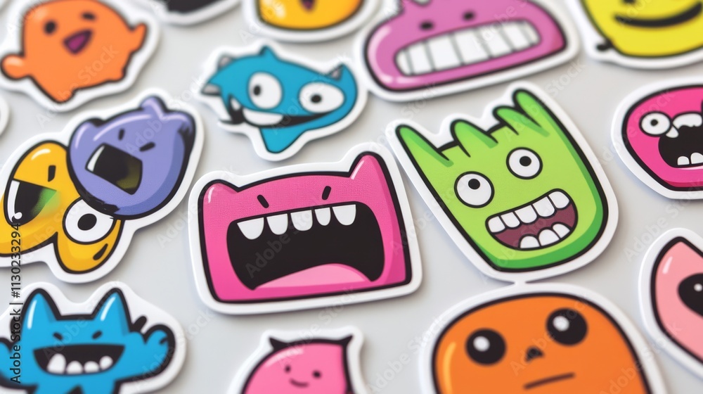 Fototapeta premium Cheerful Monsters: A vibrant collection of cartoon monsters with various expressions, adding a whimsical and playful touch to any project. 